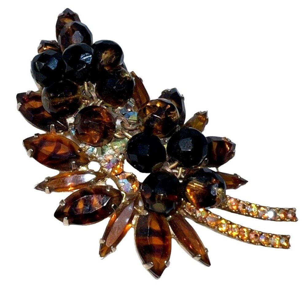 Vintage 50s Brown Striped Topaz Juliana D&E Book Piece Leaf Brooch #3601